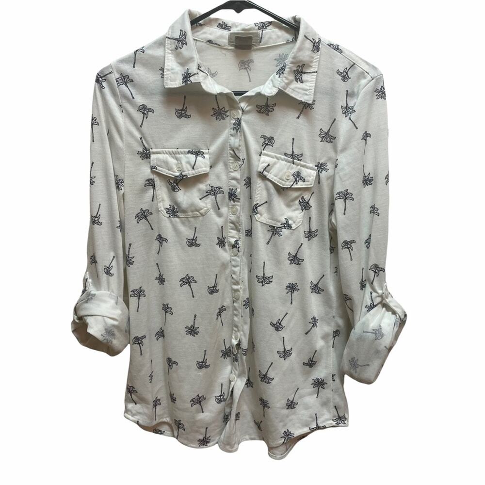 Passport palm tree design button up shirt with roll tan sleeves Large